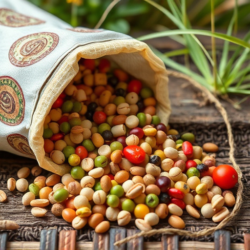 Assorted seeds spilling from bag outdoors