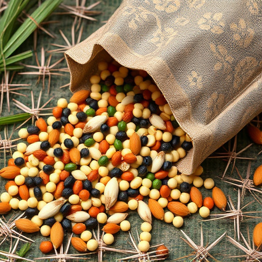 Assorted seeds spilling from bag outdoors