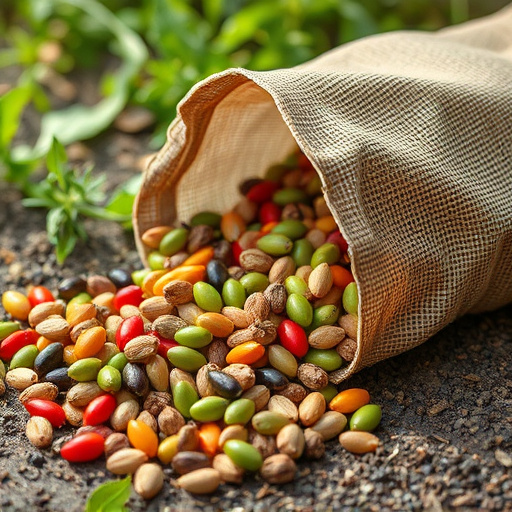 Assorted seeds spilling from bag outdoors