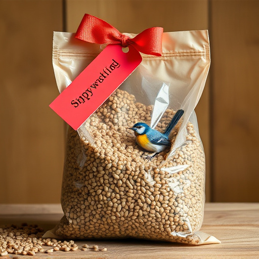 Bag of bird seed with delivery tag