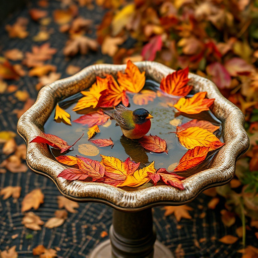 Bird bath filled with autumn leaves