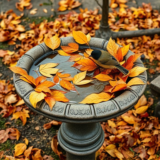 Bird bath filled with autumn leaves