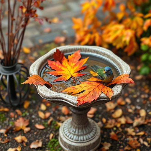 Bird bath filled with autumn leaves