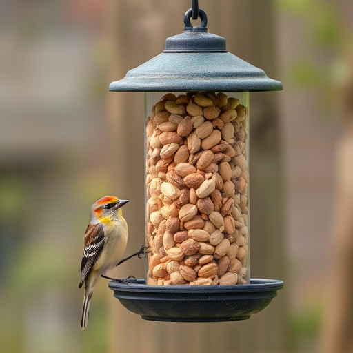 Bird feeder filled with peanuts outdoors