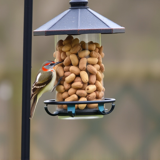Bird feeder filled with peanuts outdoors