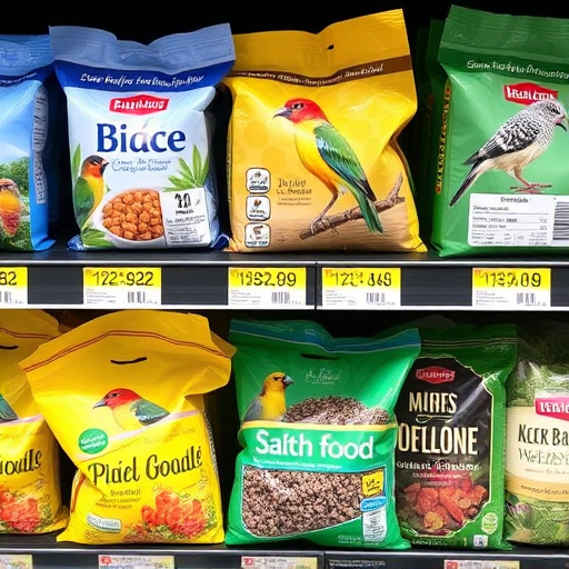 Bird food packets with price labels