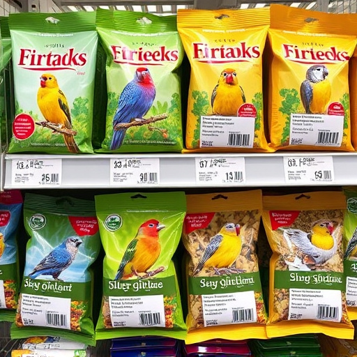 Bird food packets with price labels