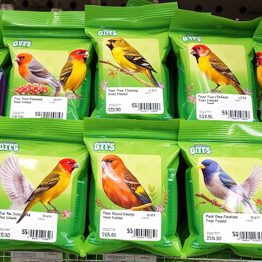 Bird food packets with price labels