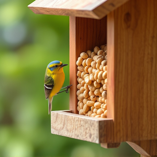 Bird food pellets in wooden feeder