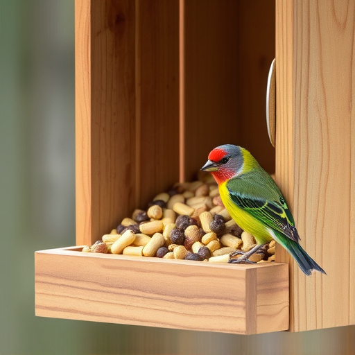 Bird food pellets in wooden feeder
