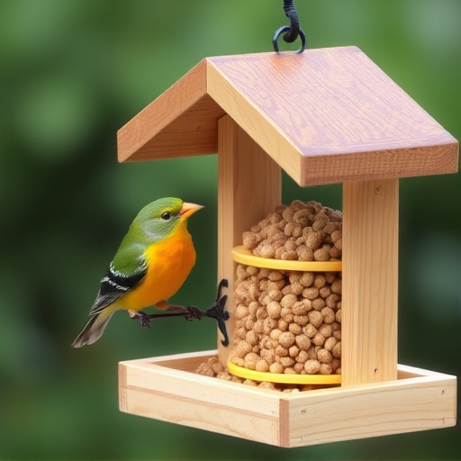 Bird food pellets in wooden feeder