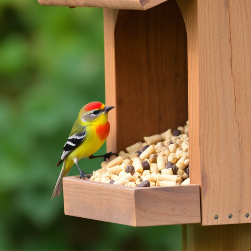 Bird food pellets in wooden feeder