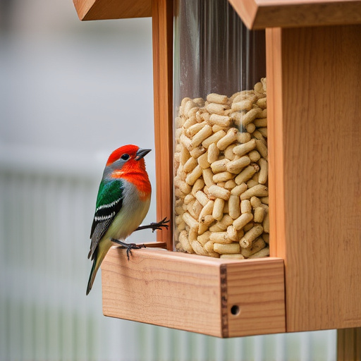Bird food pellets in wooden feeder