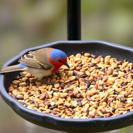Bird seed scattered on feeder tray
