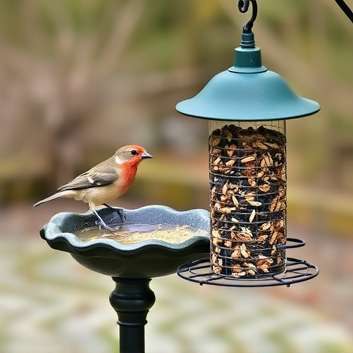 Birdbath beside feeder with seed mix