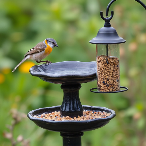 Birdbath beside feeder with seed mix