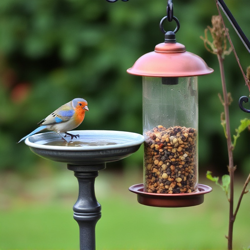 Birdbath beside feeder with seed mix