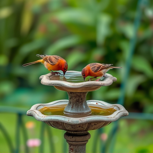 Birdbath with birds drinking water