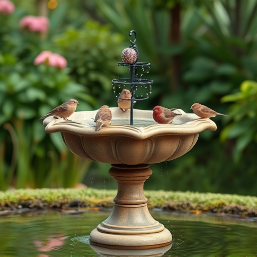 Birdbath with birds drinking water