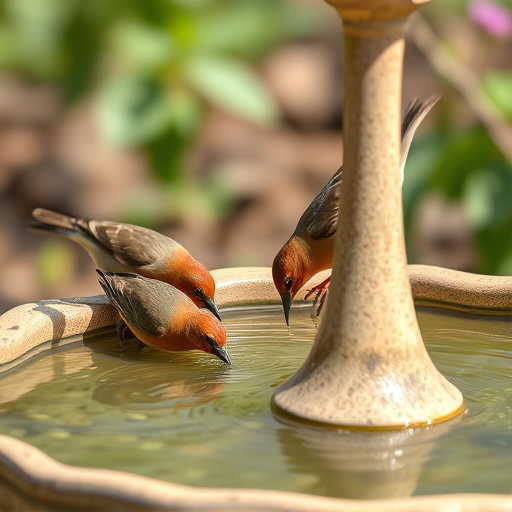 Birds drinking from clean bird bath