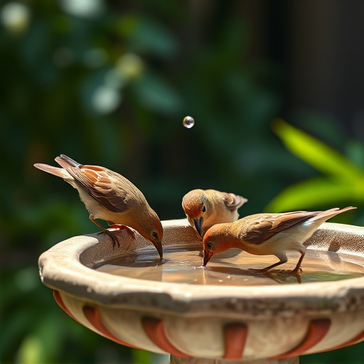 Birds drinking from clean bird bath