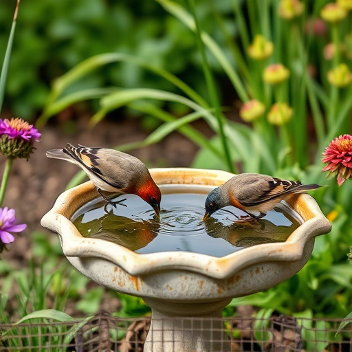 Birds drinking from garden water dish