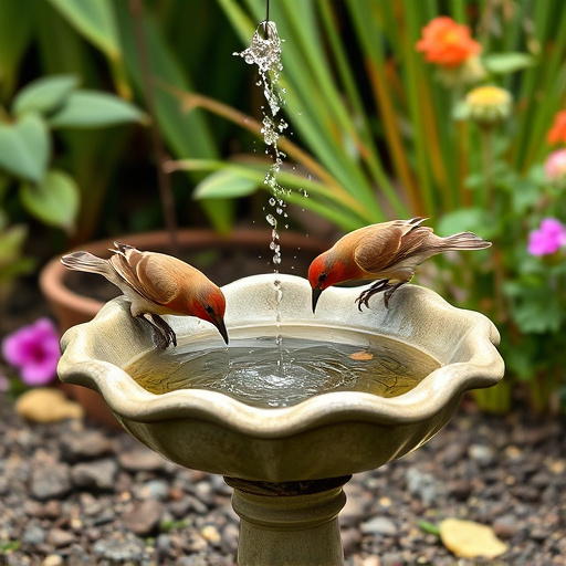 Birds drinking from garden water dish