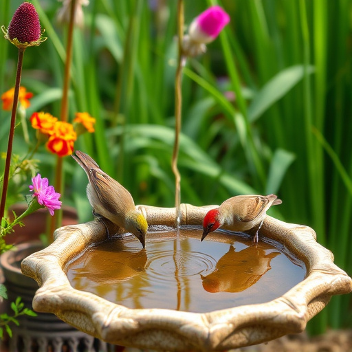 Birds drinking from garden water dish
