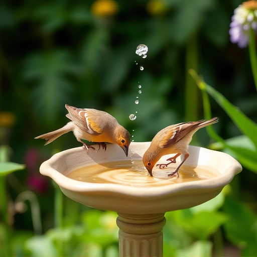 Birds drinking from garden water dish