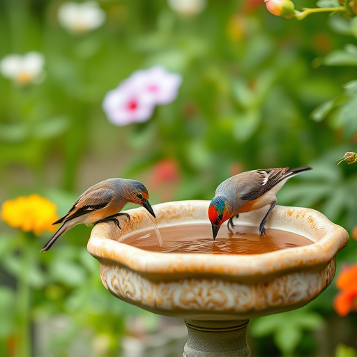 Birds drinking from garden water dish