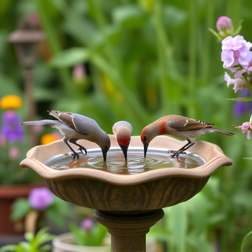 Birds drinking from garden water dish
