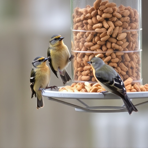Birds eating peanuts from feeder