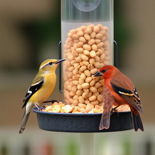 Birds eating peanuts from feeder