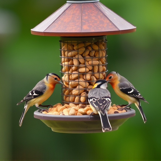 Birds eating peanuts from feeder