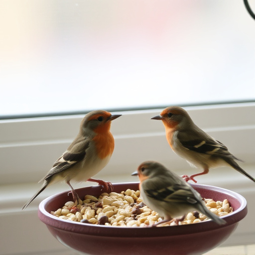Birds enjoying seeds by window feeder