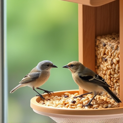 Birds enjoying seeds by window feeder