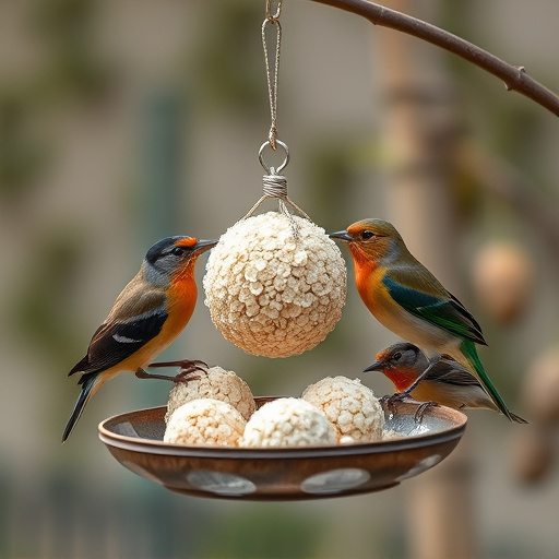 Birds enjoying suet balls outdoors