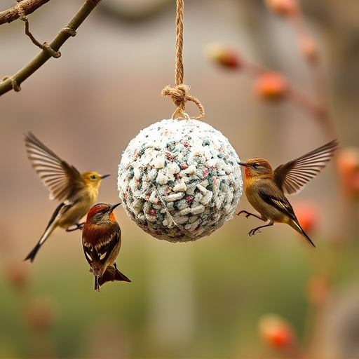 Birds enjoying suet balls outdoors
