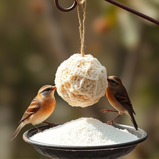 Birds enjoying suet balls outdoors