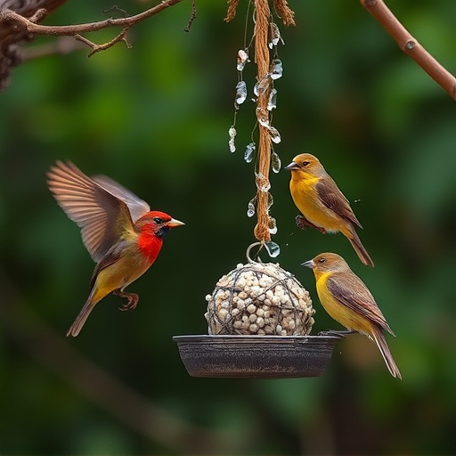 Birds enjoying suet balls outdoors