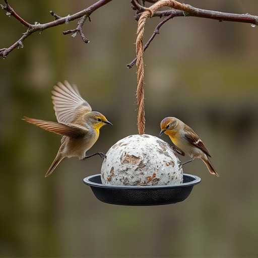 Birds enjoying suet balls outdoors