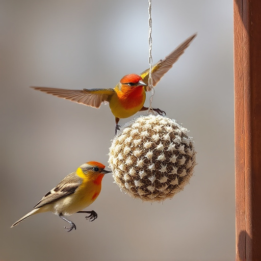 Birds enjoying suet balls outdoors