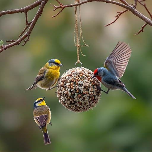 Birds enjoying suet balls outdoors