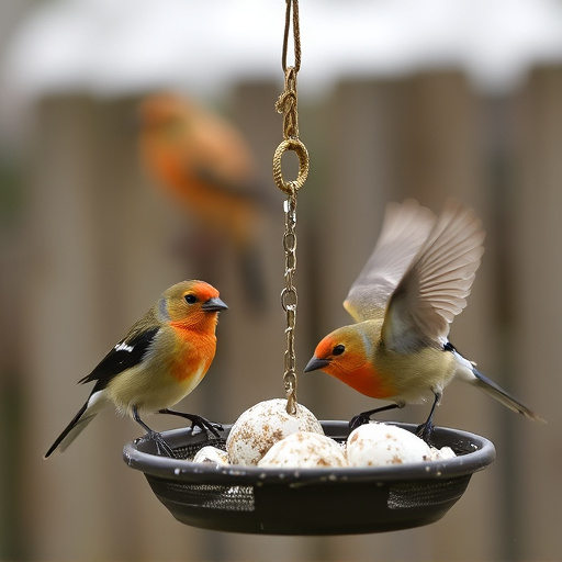 Birds enjoying suet balls outdoors