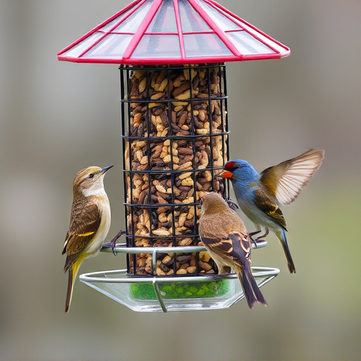Birds feeding from hanging seed feeder