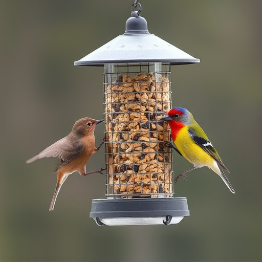 Birds feeding from hanging seed feeder