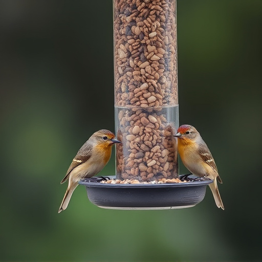 Birds feeding from hanging seed feeder