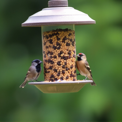 Birds feeding from hanging seed feeder