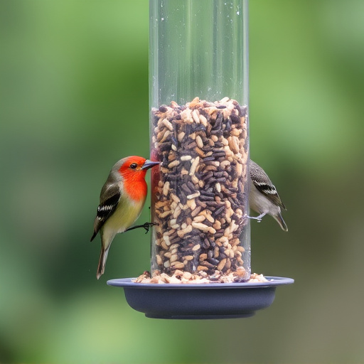 Birds feeding from hanging seed feeder