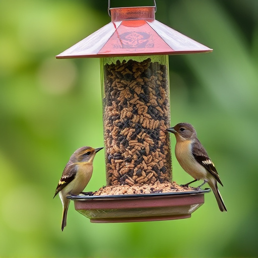 Birds feeding from hanging seed feeder